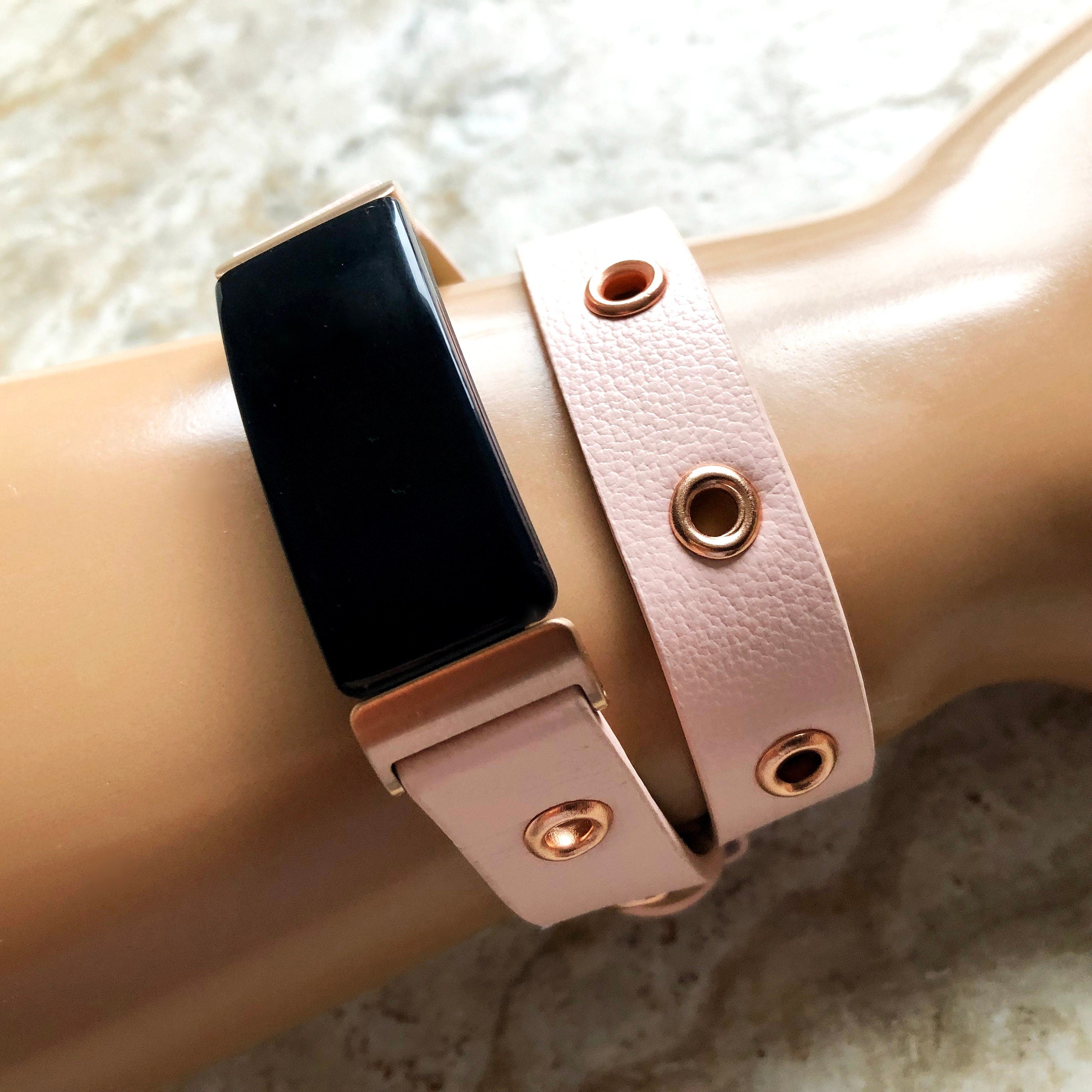 Fitbit Inspire HR and 2 Pink Band for Fitness Tracker Soft Leather Strap Wristband Double Wrap Bracelet in Silver Black Rose Gold Finish